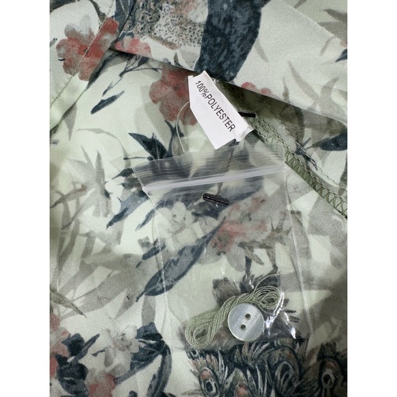 World Market Blouse L/XL Mint Green Peacock Bird Floral Pleated 3/4 Sleeve - Picture 5 of 8